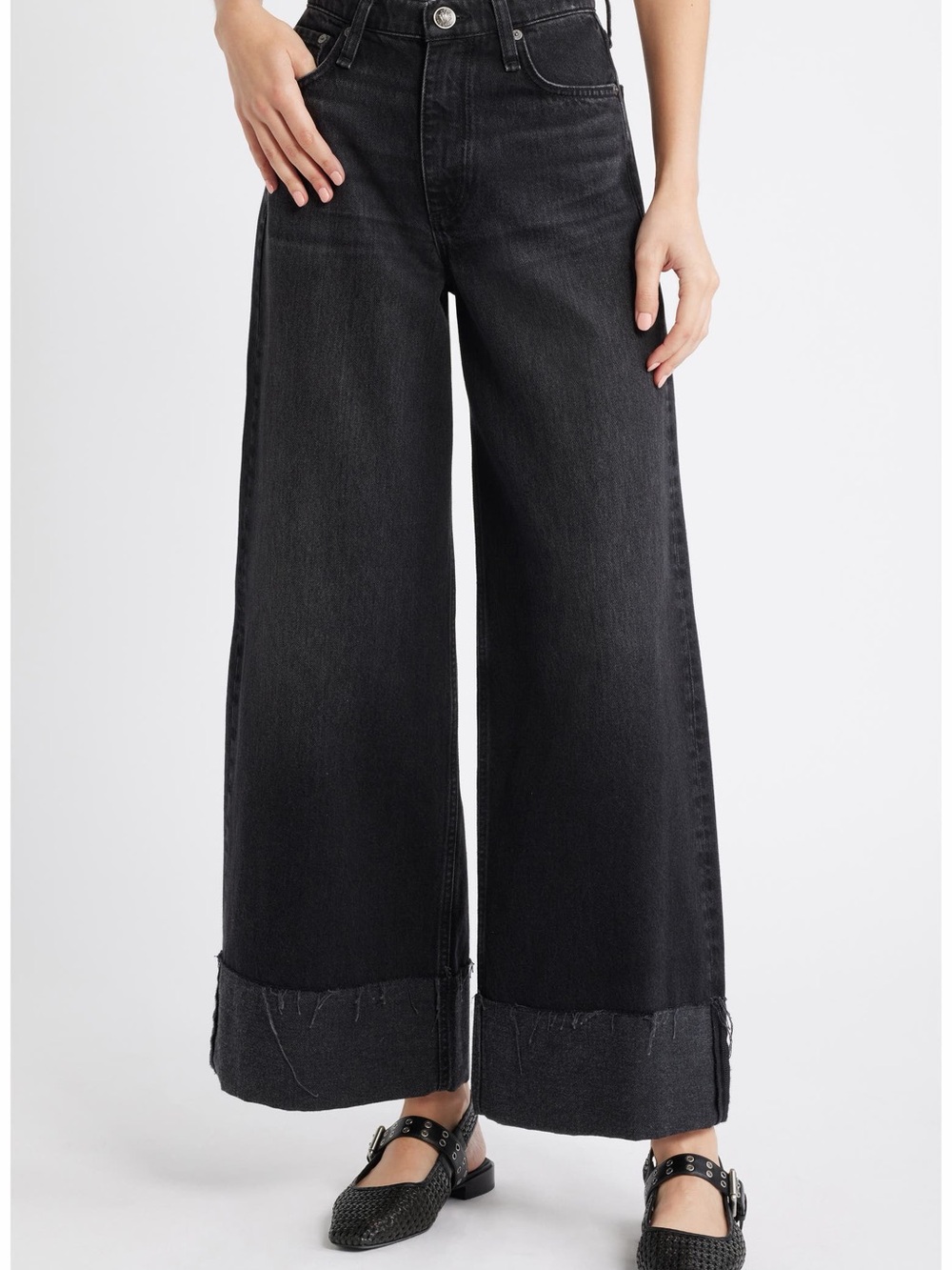 rag & bone Black High-Rise Wide Leg Jeans with Cuffed Hem